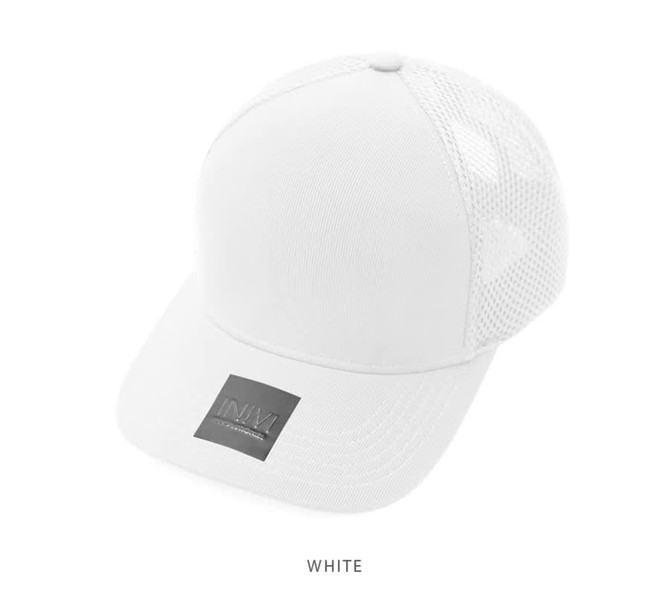 A white cap featuring a mesh back and a logo on the front. It is part of the headwear category.