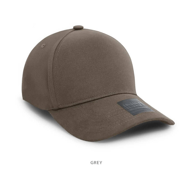 A grey cotton and spandex cap featuring a logo on the front.