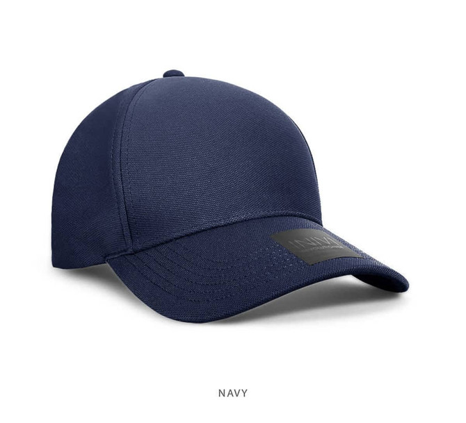 A navy cap made of 100% polyester with a branded patch on the front.