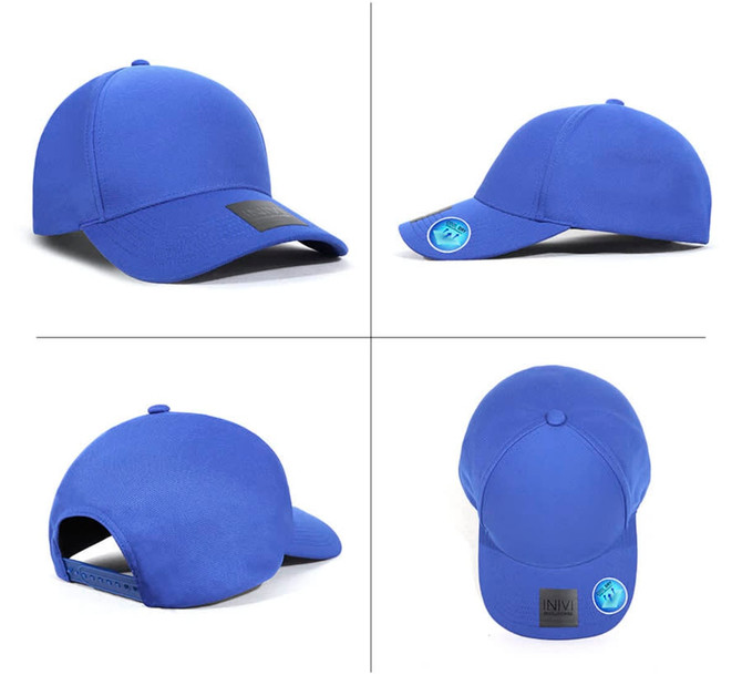 A blue cap made of 100% polyester, featuring a logo and a structured design with a curved brim.
