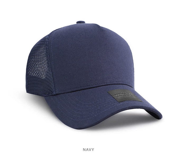 A navy cap made of cotton and mesh featuring a logo on the front.