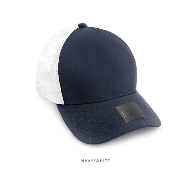 A navy and white trucker cap featuring a mesh back and a logo on the front.