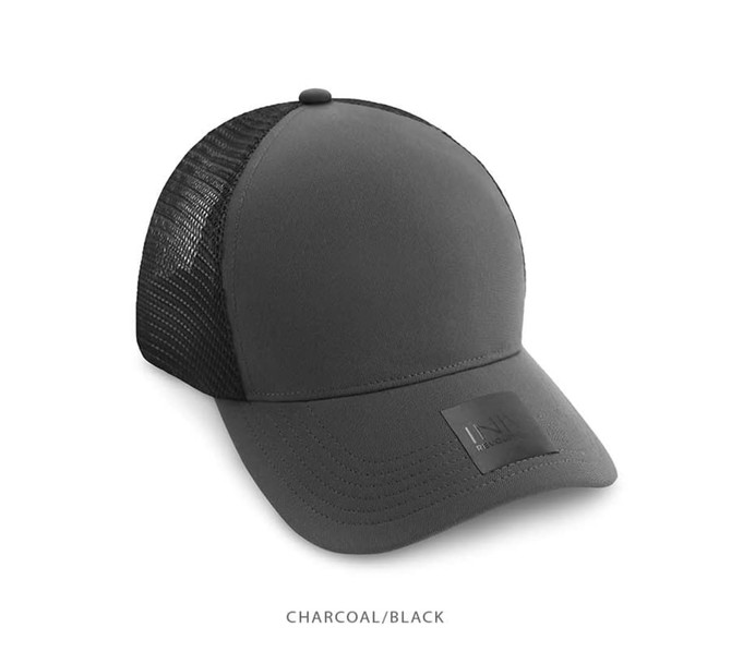 A trucker cap in charcoal and black, featuring a mesh back and a logo on the front.