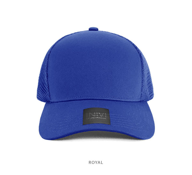A royal blue cap with a mesh back and a branded label at the front.