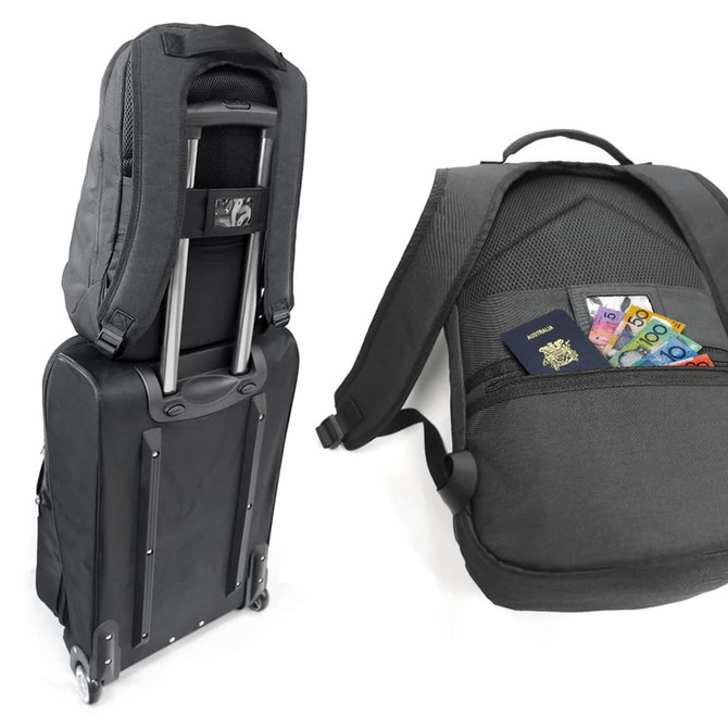 A black organiser backpack with a trolley handle and an open pocket showing cash and a passport.