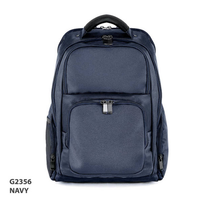 A navy organiser backpack with a front zip pocket and a top handle. It features branding on the surface.