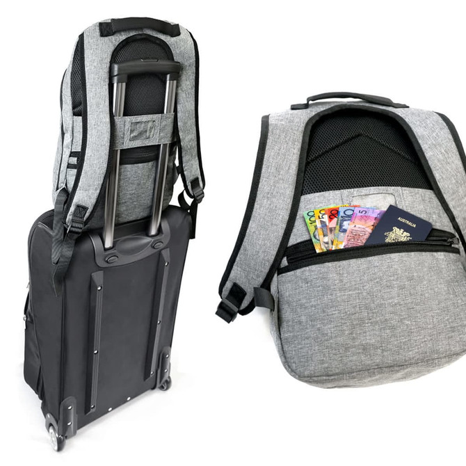A grey anti-theft backpack with a retractable handle and hidden pocket containing cash and a passport.