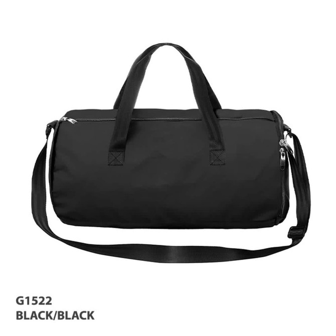 A black duffle bag with dual handles and a detachable shoulder strap. It features a zip closure and a logo.