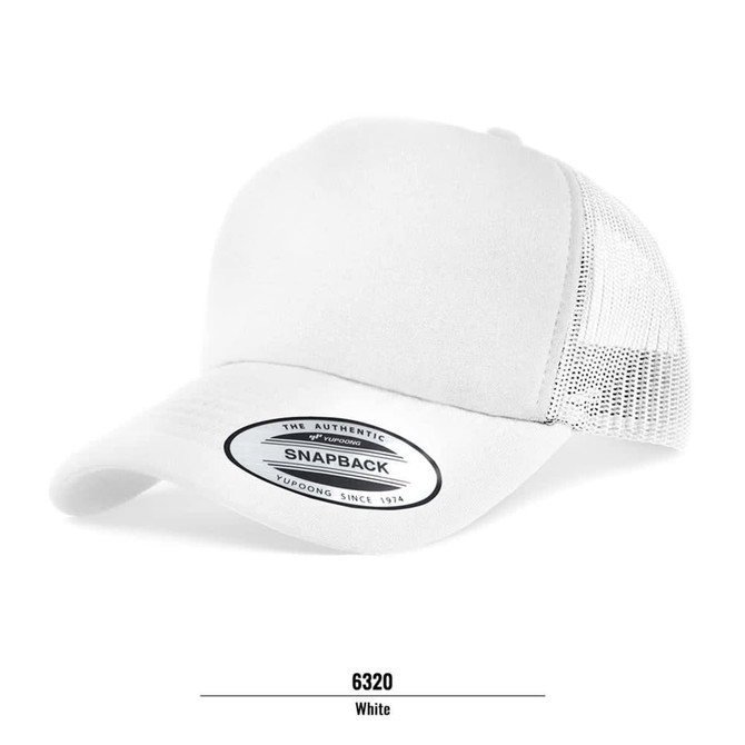 A white trucker cap with a mesh back and a logo on the front.