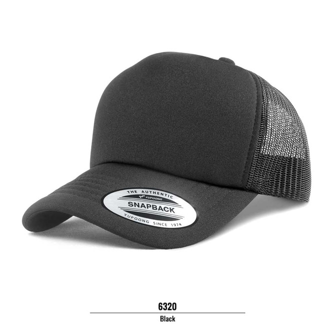 A black trucker cap with a mesh back and a branded patch on the front.