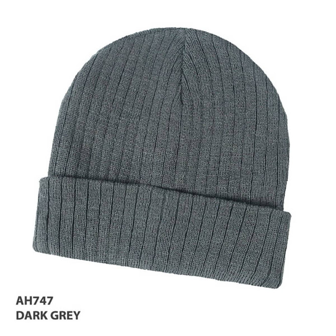 A dark grey wool blend beanie with a ribbed texture and a folded cuff, featuring branding.