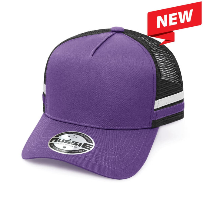 A purple striped trucker cap with a mesh back and a logo on the front.