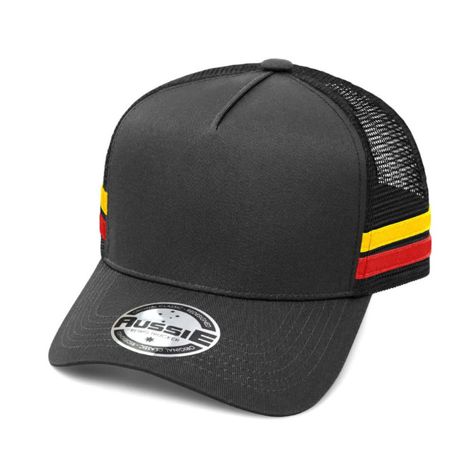A grey A-Frame Striped Trucker Cap featuring red and yellow stripes with a mesh back and a logo.