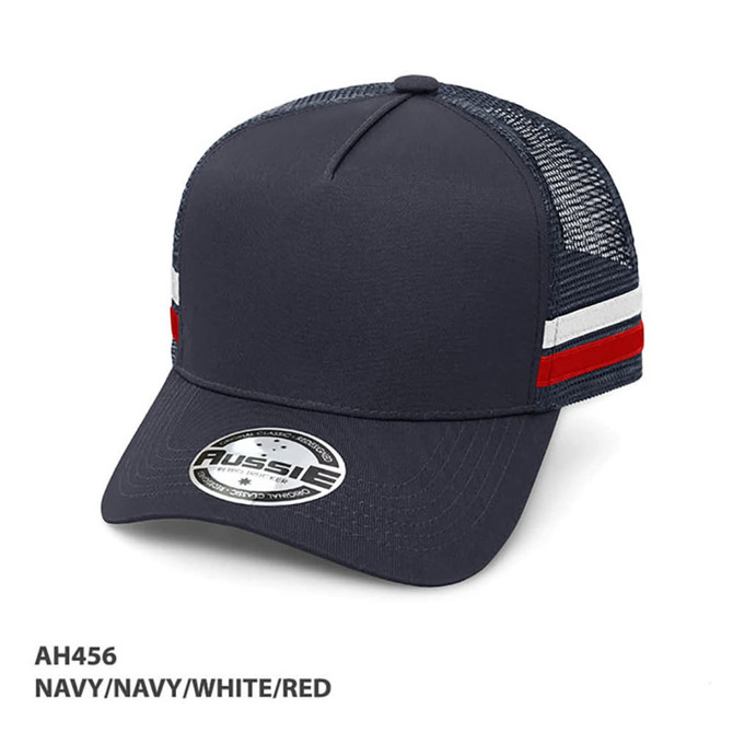 A navy trucker cap featuring striped accents in white and red, with a mesh back and a logo on the front.