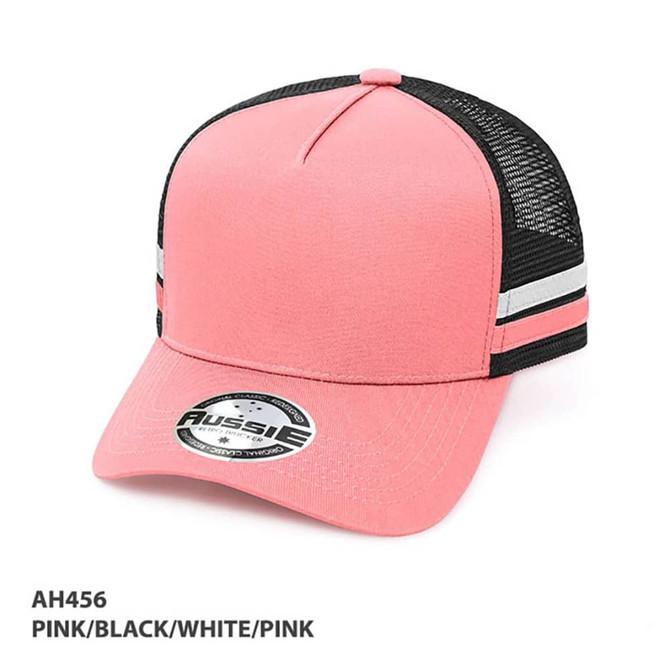 A pink and black striped trucker cap featuring a mesh back and a logo on the front.
