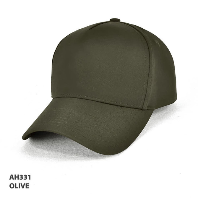 An olive green 5 panel cap with a curved brim and a logo on the front.