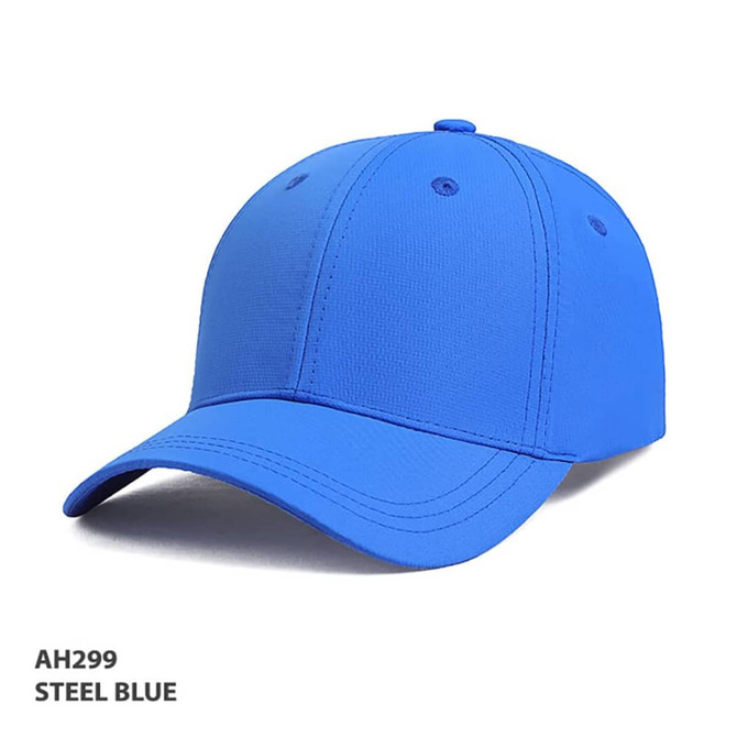 A blue cap with a curved brim, featuring a logo on the front and a textured surface.