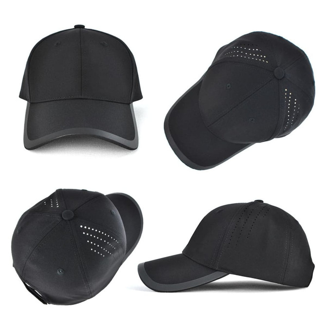 A black cap featuring ventilation holes and a curved peak, showcasing multiple angles of the design.