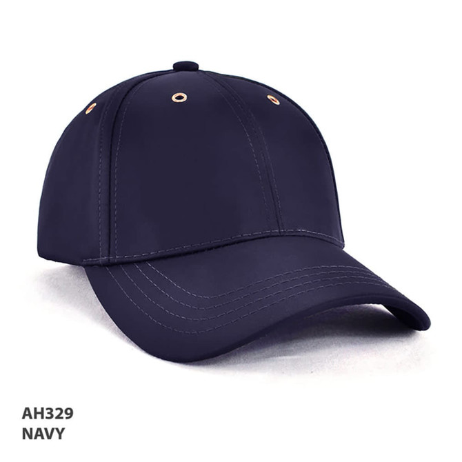 A navy cap with a curved brim, featuring ventilation eyelets and a logo.