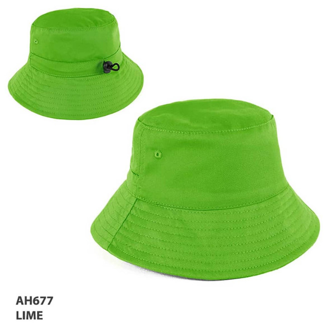 A lime green bucket hat with a flexible brim and an adjustable strap. Features a logo on one side.