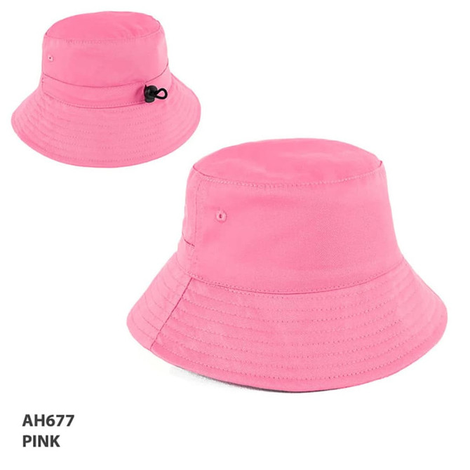 A pink bucket hat with a lightweight design, featuring a logo and adjustable toggle.