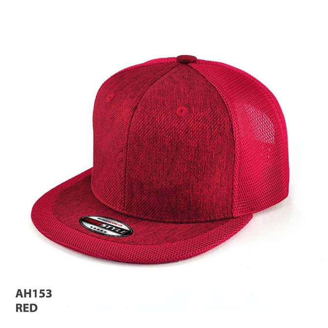 A red cap featuring a structured design and a mesh back, with a logo on the front.