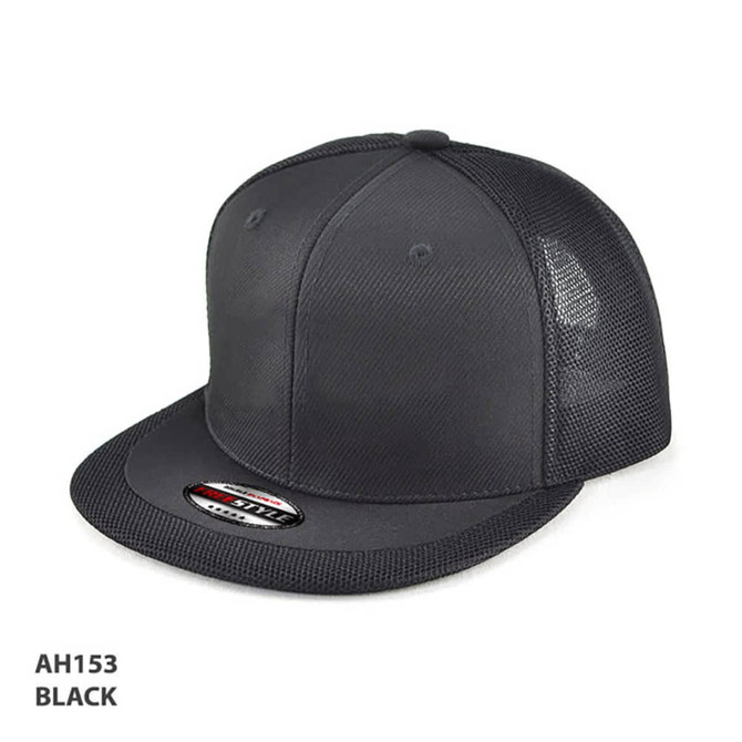 A black cap with a structured front and mesh sides, featuring a branded logo on the front.