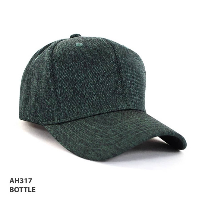 A green cap with a textured fabric and a curved brim, featuring a logo on the front.