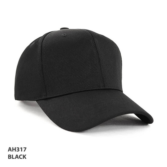 A black cap with a curved brim and a fitted design, featuring a logo on the front.