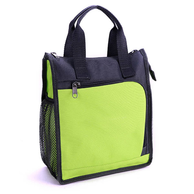 A cooler bag in bright green and black, featuring a zippered pocket and mesh side pocket. It has two sturdy handles.
