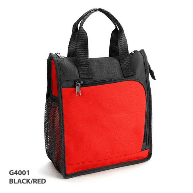 A cooler bag in black and red with a zippered front pocket and mesh side pocket, featuring short handles and a logo.