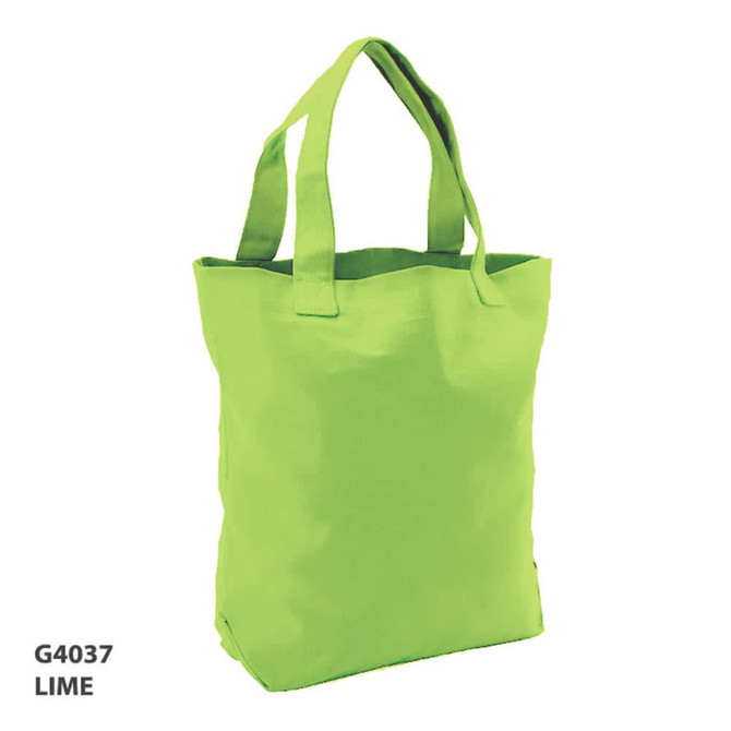 A lime green tote bag with two handles and simple design, featuring a logo.