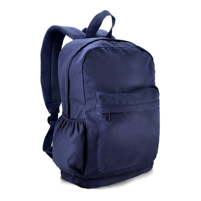 A navy blue backpack with a front pocket and side pouches, featuring shoulder straps and a logo.