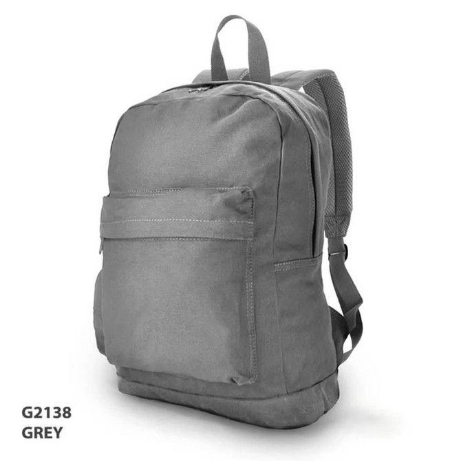 A grey backpack with a front pocket and adjustable straps, featuring a logo on the side.