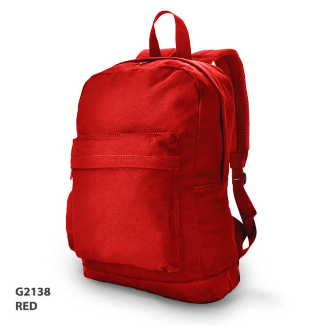 A red backpack with a front pocket and padded shoulder straps, featuring a logo.