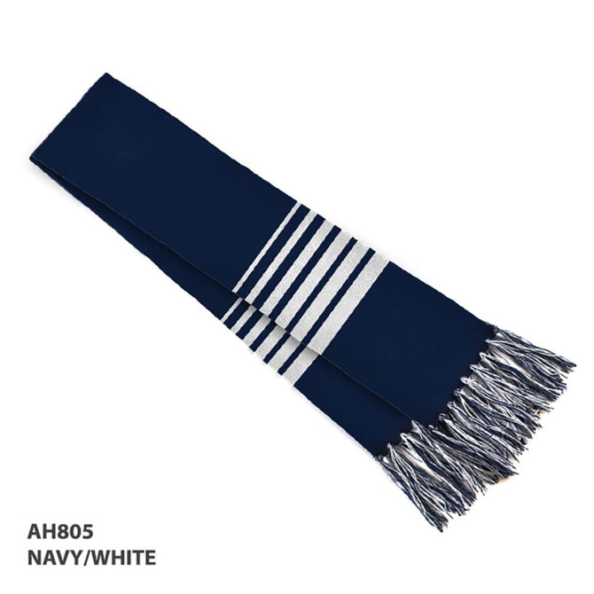 Acrylic scarf in navy and white with striped design and fringed edges. Features branding.