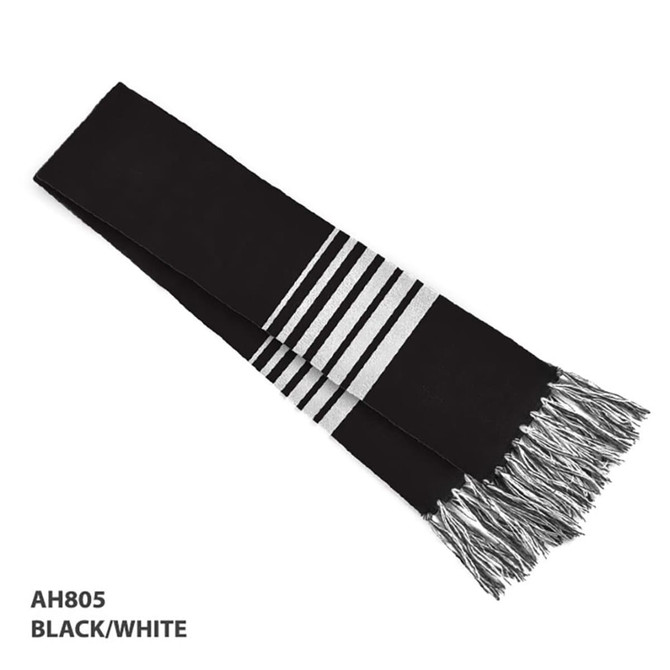 Acrylic scarf in black and white, featuring stripes and fringed edges, with a logo present.