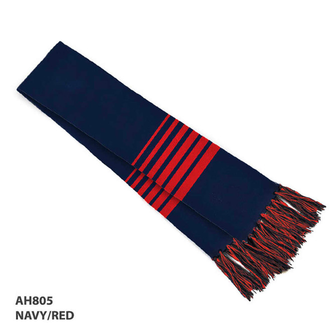 Acrylic scarf in navy with red stripes and tassel ends, featuring a logo.