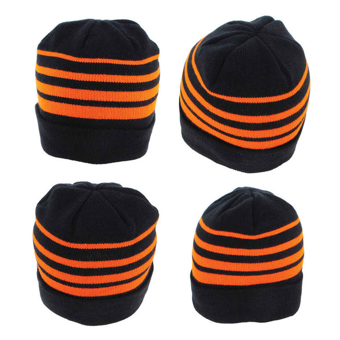 Acrylic beanie in black with orange stripes, featuring a logo on one side. Four views of the beanie are displayed.