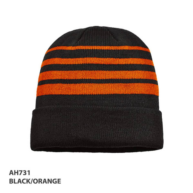 A black and orange striped beanie with a folded cuff and a logo.