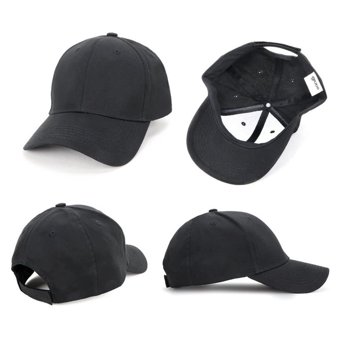 A black 100% cotton cap displayed from multiple angles, featuring a logo on the exterior.