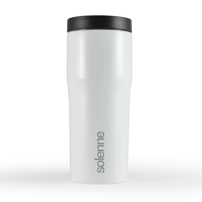 A drink bottle in white with a black lid and a logo, designed as a travel mug.