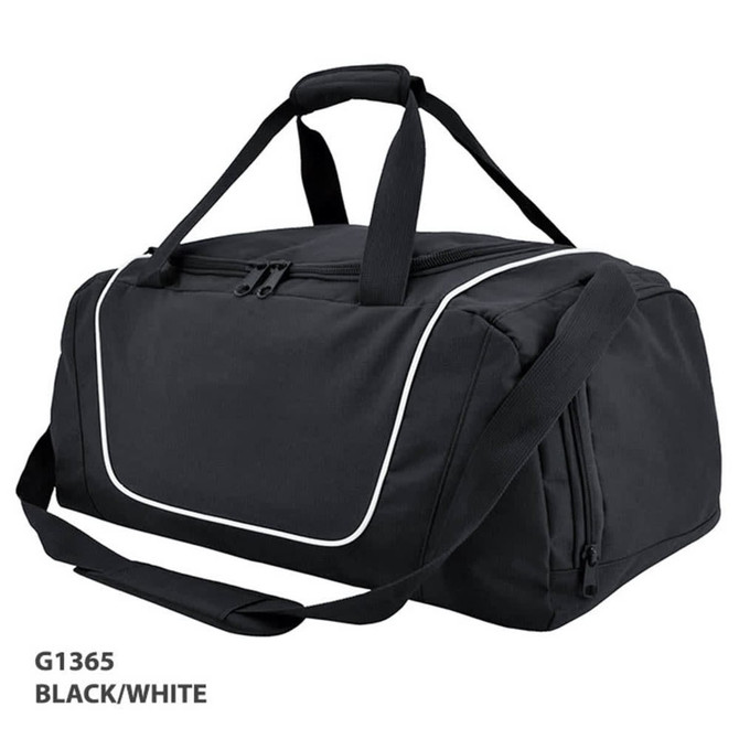 A black and white Hurley sports duffle bag with shoulder strap and top handles, featuring a logo.