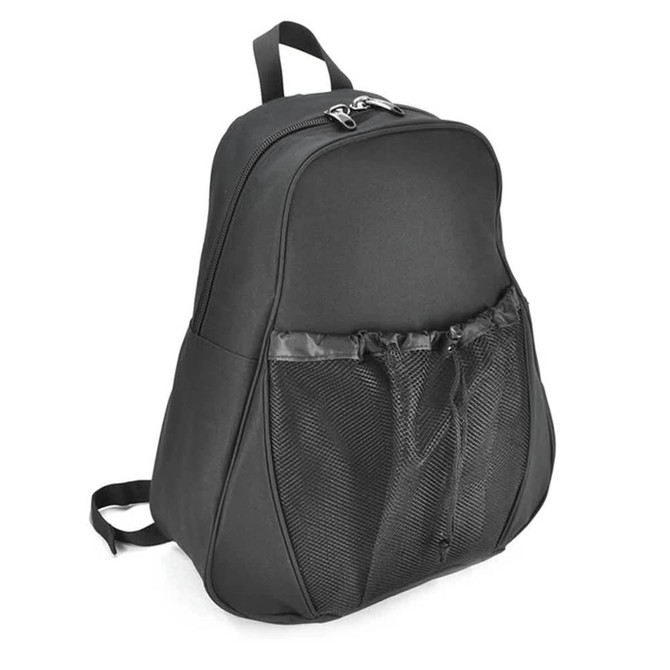 A black backpack featuring a mesh front pocket and silver zipper details. It has a logo on the surface.