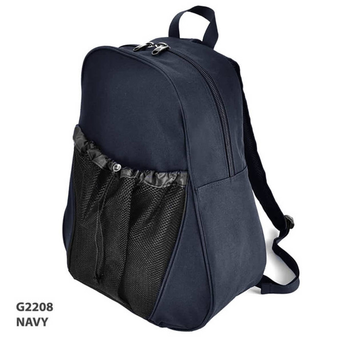 A navy backpack with a large main compartment and a mesh pocket on the side. It features branding on the front.