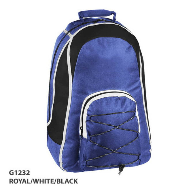A blue backpack with white and black accents, featuring a bungee cord front pocket and a logo.