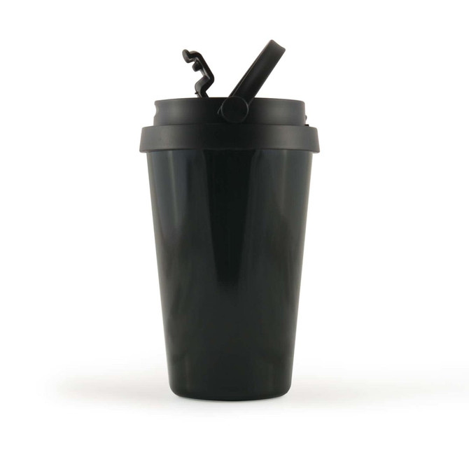 A drink bottle designed for travel, featuring a sleek black exterior and a secure lid with a spout for easy sipping.