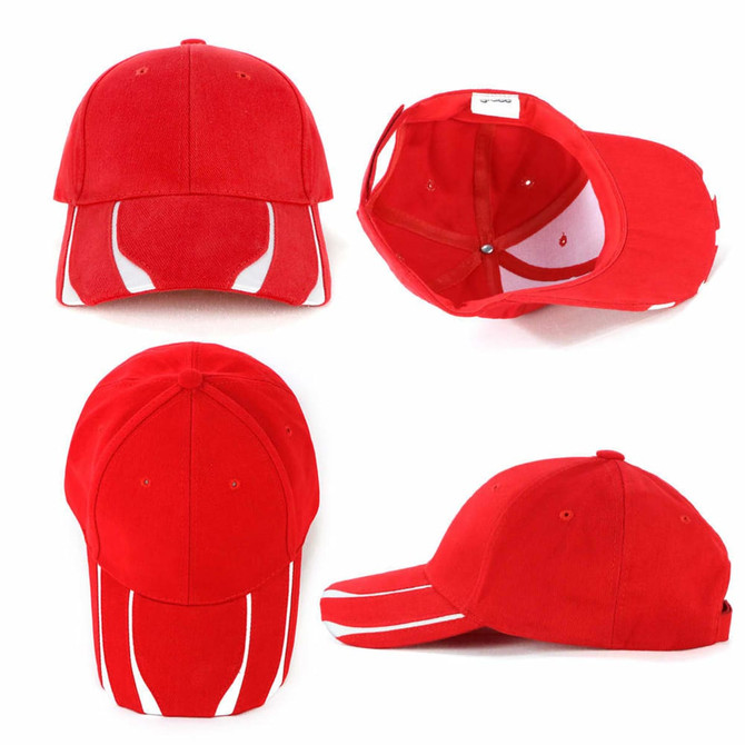 A red cap with a structured design, featuring white accents and a branded logo on the front.