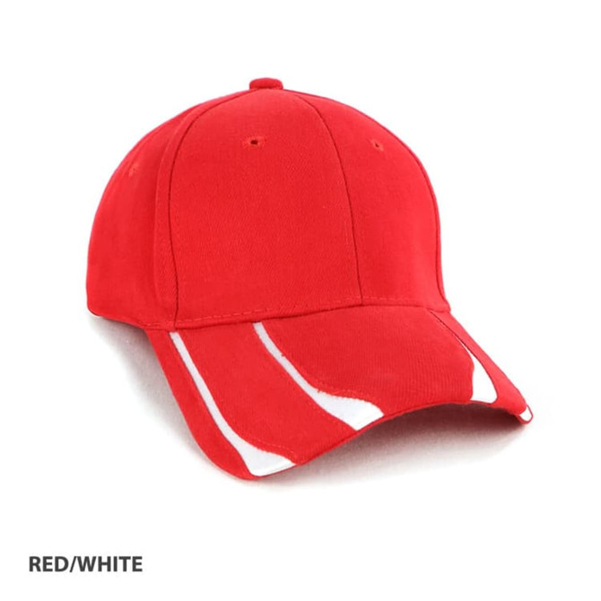A red cap with white accents and a logo displayed on the front.