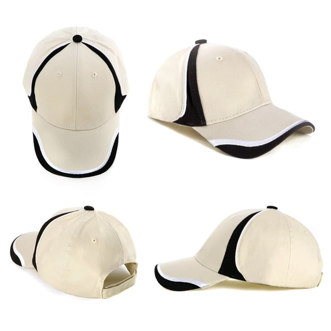 A beige cap with black accents and a logo, featuring a traditional baseball cap design and a curved brim.